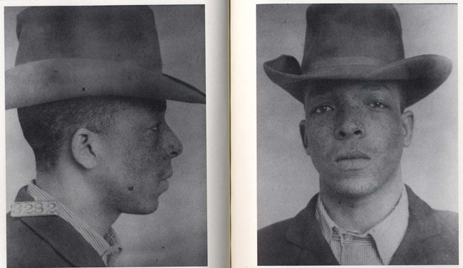 On the left, a man with short hair facing to the right wearing a tall, brimmed hat with a card with the number 3282 sitting on his shoulder. On the right, the same man wearing the same hat looks stoically at the camera.