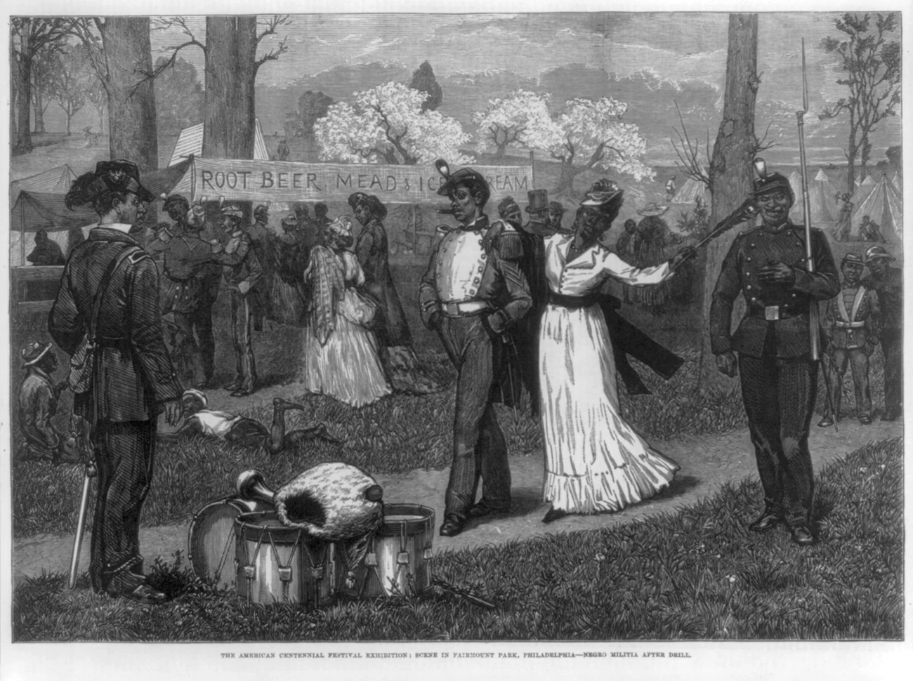 An illustration of uniformed and armed Black militiamen in Fairmount Park, Philadelphia, at the 1876 Centennial Festival, included in an issue of the Illustrated London News.