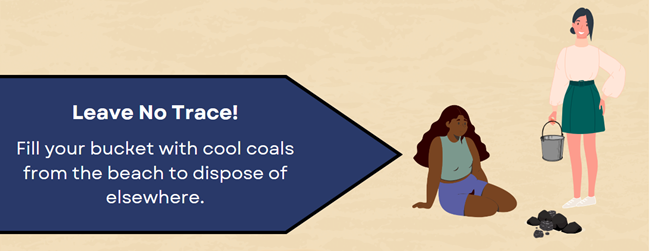 Infographic of two people near black charcoal on the sand, one holding a bucket.