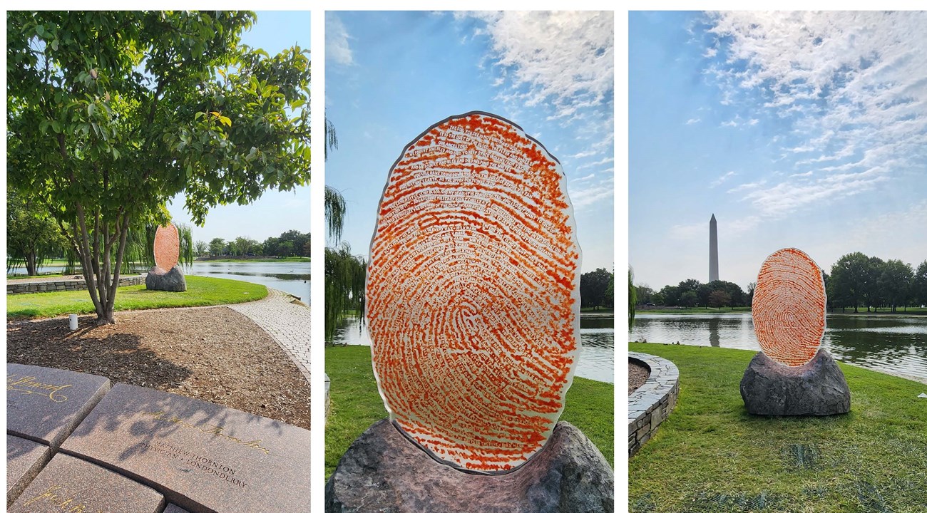 Three photos of The Soil You See sculpture of a large red thumbprint near Signers Island in Constitution Gardens