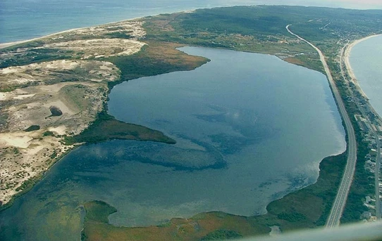 An aerial view looking at East Harbor.