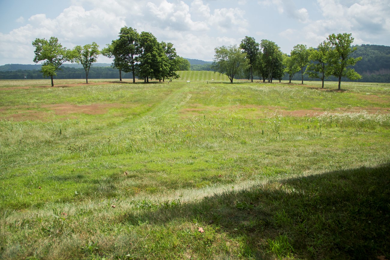 a large grassy field leads to an earthen mound.