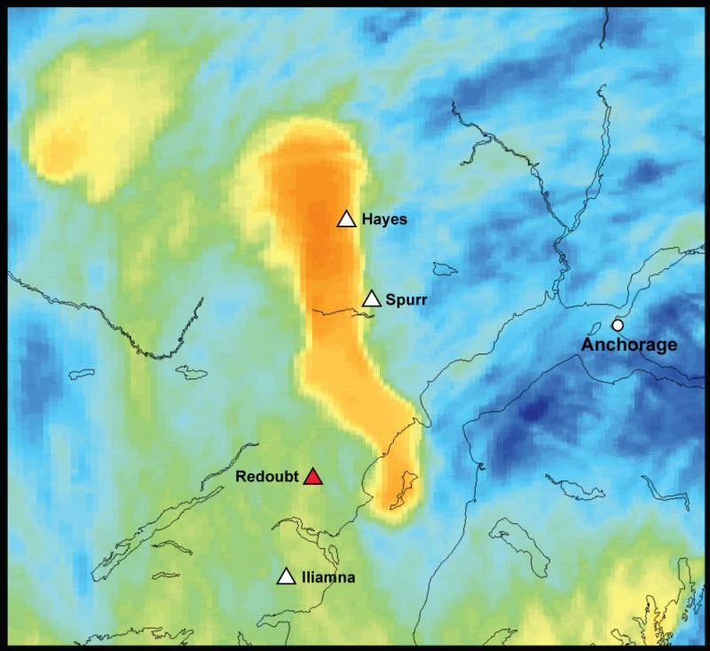 false-color satellite image showing an ash cloud