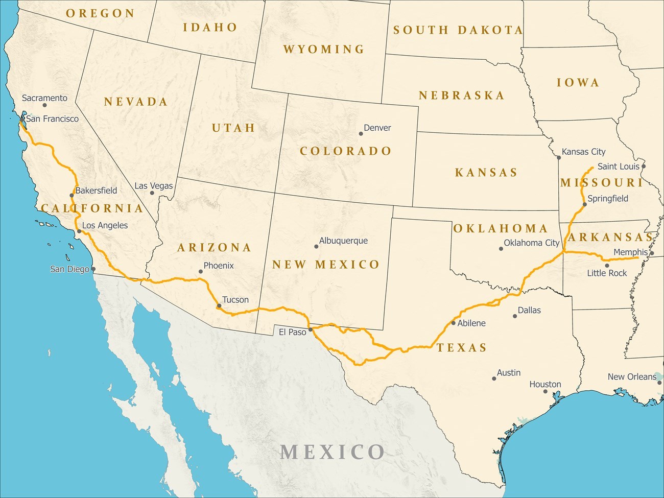Map of a trail that runs from the Mississippi River through the south to southern California.