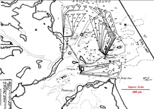 Map of Boston Harbor in 1945 with triangles marking groups of mines