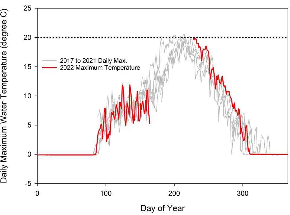 Line graph of daily maximum water temperatures in 2022 and 5-year average. Temperatures largely followed the normal but exceeded water quality guidance on one day.
