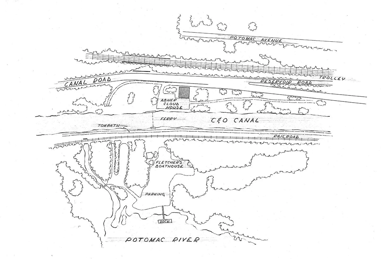 Black and white site plan showing two of the buildings near Fletcher’s Boathouse have been removed. The boathouse and snack stand are still present. An area below them is labeled parking. The Chesapeake and Ohio Canal runs from left to right
