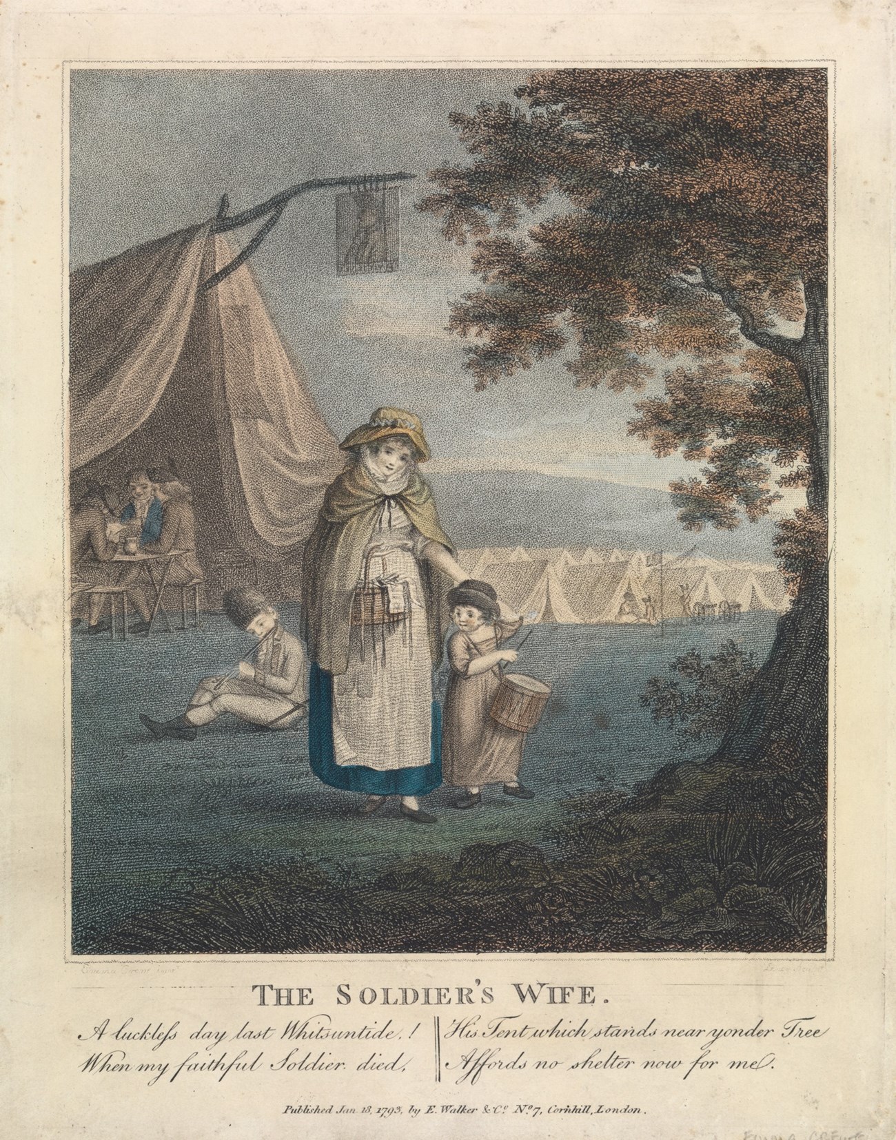 A woman in 18th C garb and young child. The toddler carries a drum. Mother's hand rests on its shoulder.