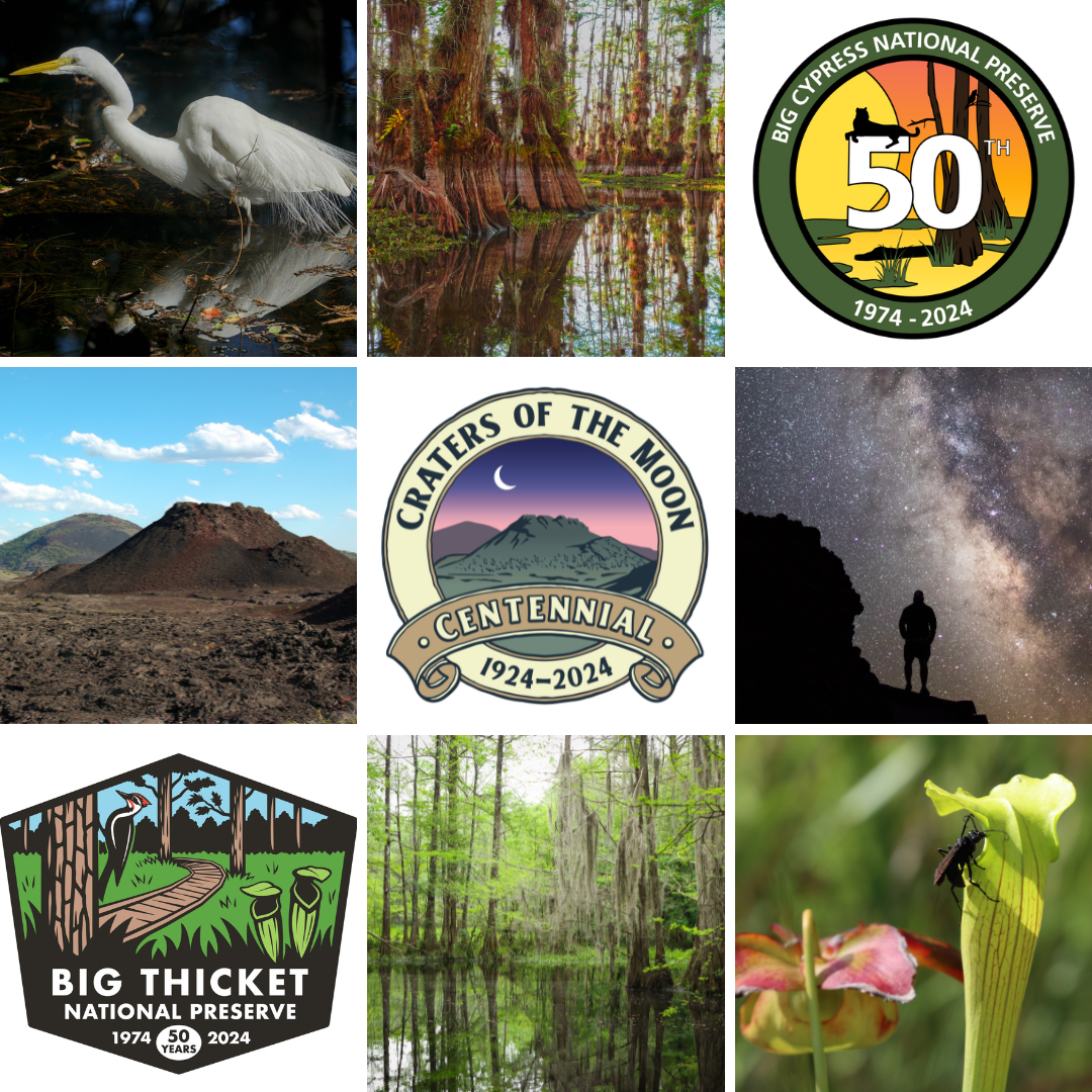 a collage of anniversary logos for Big Cypress (50 years), Craters of the Moon (100 years), and Big Thicket (50 years) with iconic images from the parks