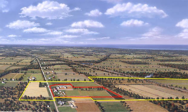 A painted aerial view of Mentor about 1880, with the farm outlined: the historic farm in yellow and today's 8-acre site in red