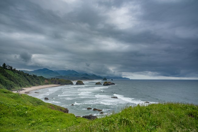 Color photograph of a landscape view of the Pacific Ocean, with green vegetation in the foreground, a receding beach line, mountains in the background, and a dark cloudy sky overhead.
