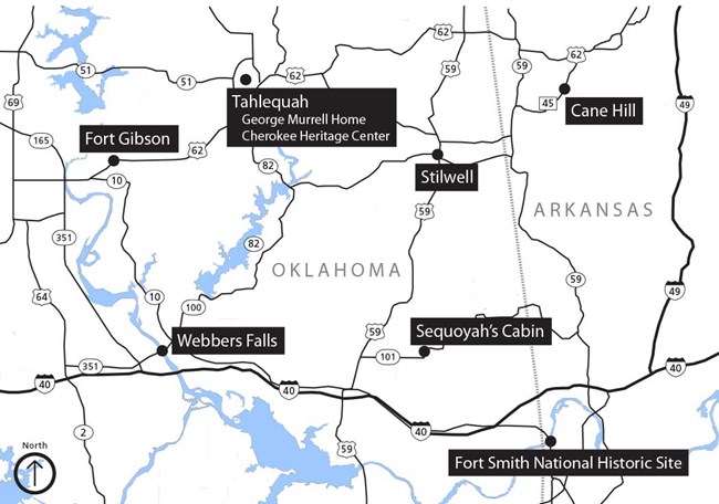 Map showing trail sites in western Arkansas and eastern Oklahoma