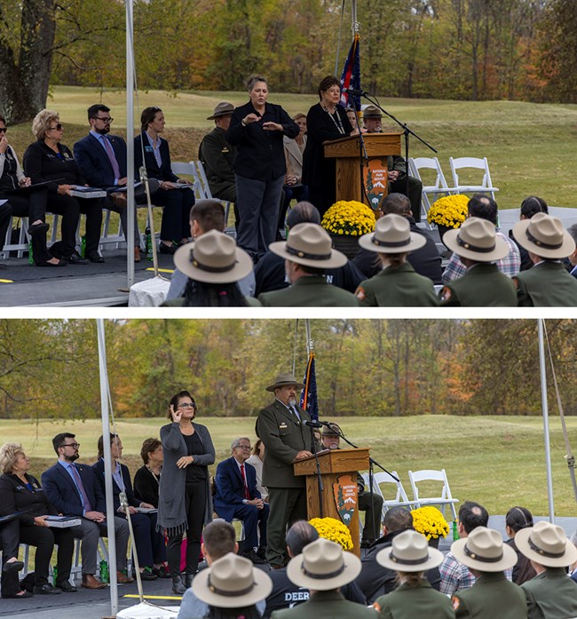 Top: A woman speaks from behind a podium on a dais. Bottom: A man in NPS uniform speaks from behind a podium on a dais.