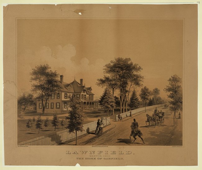 Lithograph titled "Lawnfield, Mentor, Ohio, The Home of Garfield," with people on foot and on horseback outside a large fenced house