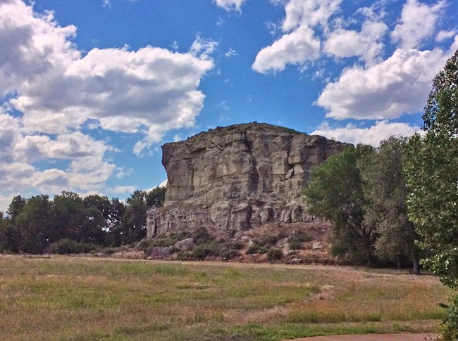 photograph of large rock butte rising from the plains, with bushy vegetation in the foreground.