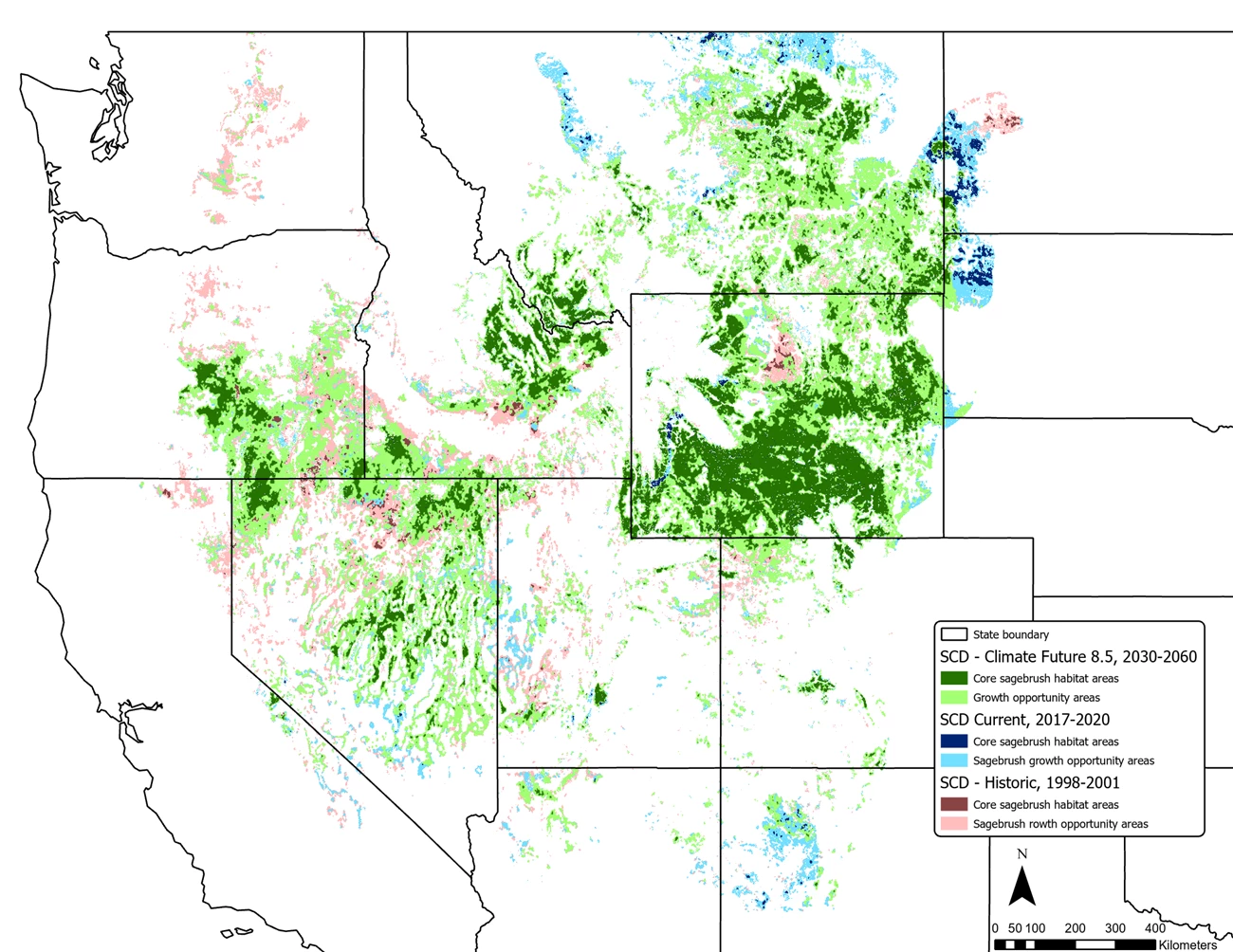 State borders in the West, with colored overlays of core sagebrush areas and growth opportunity areas at three different times: 1998-2001, 2017-2020, and projected 2030-2060. Wyoming has the most future core areas. Areas of lost sagebrush are throughout.
