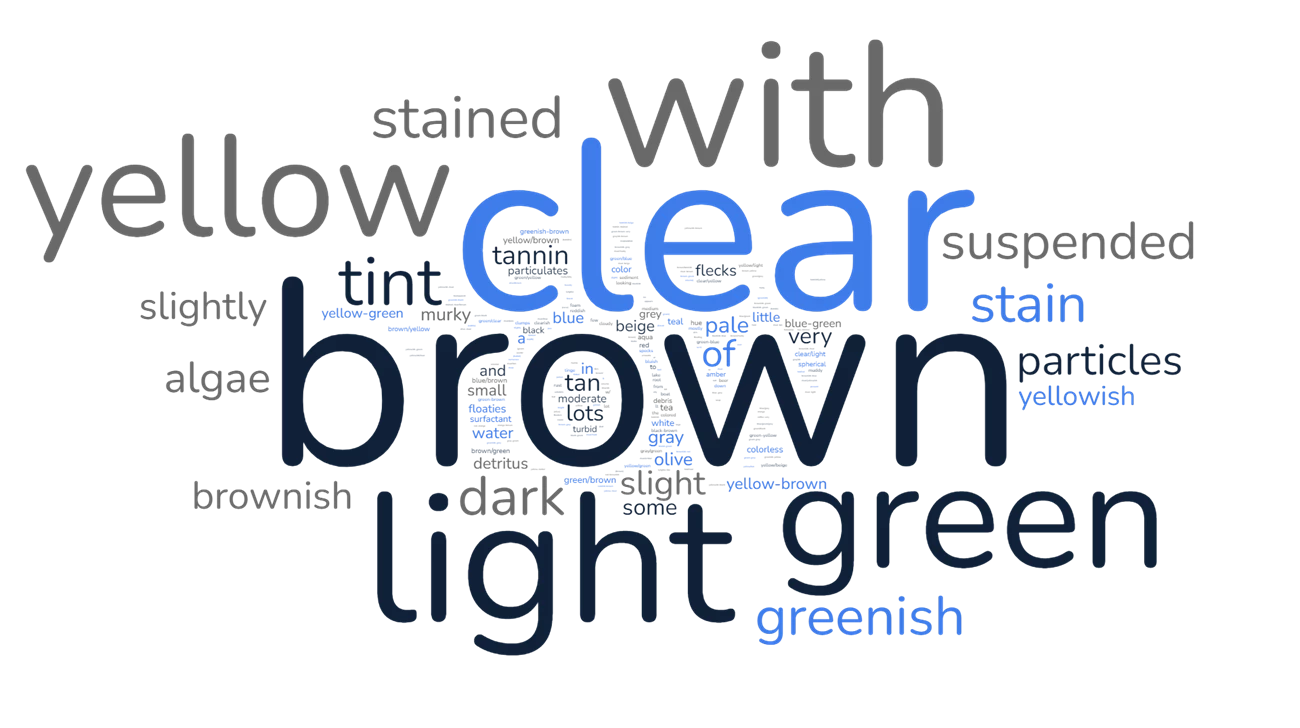 A collection of words in various sized fonts and colors, some black, some gray or brown, a few are blue. The largest words are brown, clear, light, green, yellow, and with.