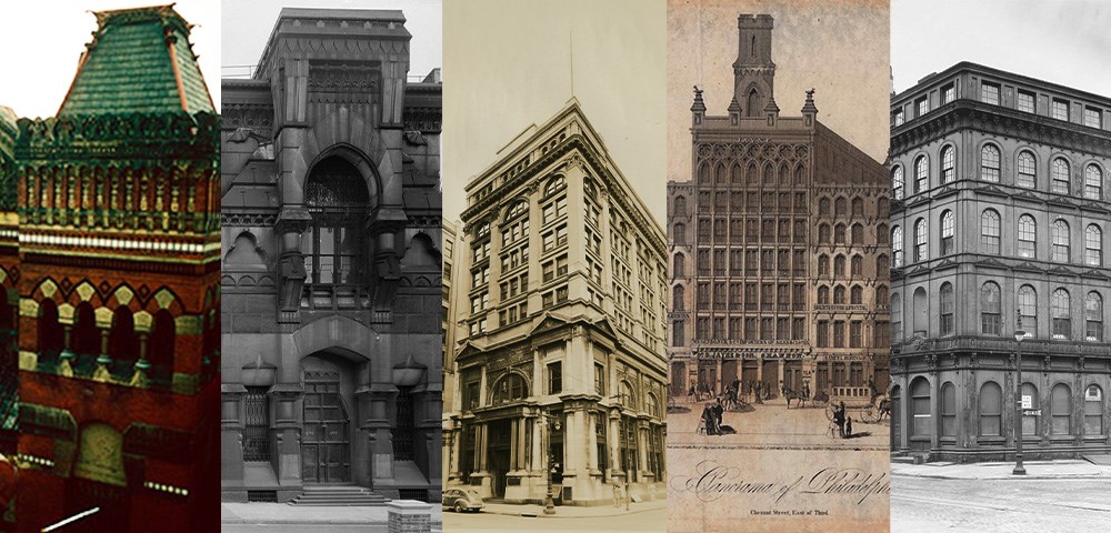 Five photographs of tall buildings with arched windows.
