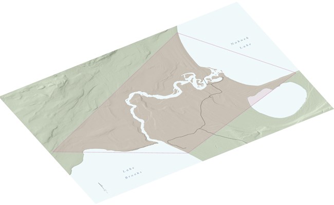 A rectangular highlight shows the landscape area, around a river and between two lakes.