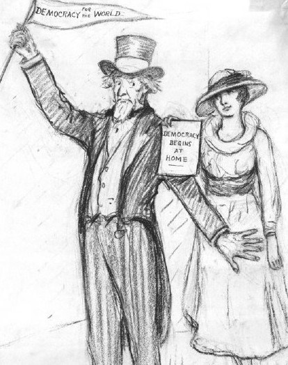 Political cartoon of Uncle Sam holding a pendant in his raised right hand that reads "Democracy for the World." His left arm blocks a woman behind him who holds a paper that reads "Democracy Begins at Home."
