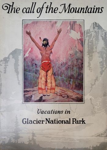 Cover a a railroad brochure with a Native American man raising his arms up to the sky.