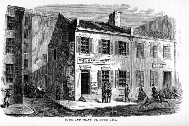 Illustration of a two-storey 19th-century commercial building, the Boggs and Grant office