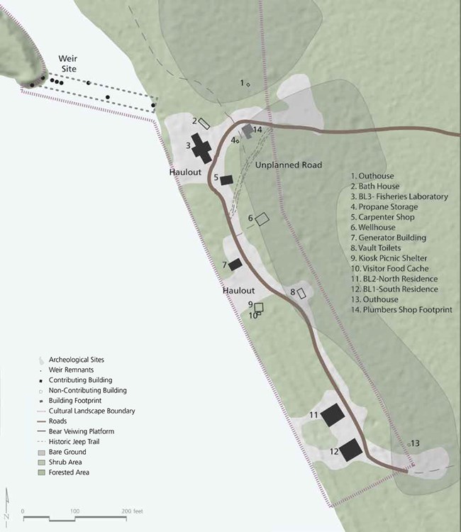 Features are identified on a map of a portion of the Lake Brooks Fisheries Research District landscape, on the shore of a lake.
