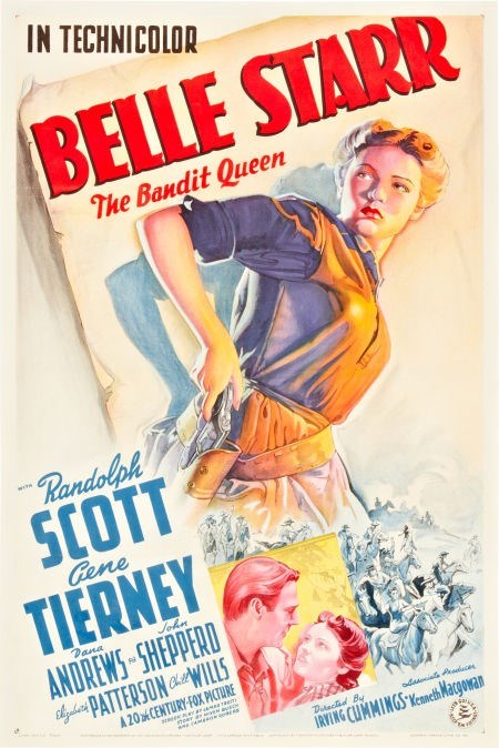 Movie poster with a woman in technicolor, title reads Belle Starr, The Bandit Queen