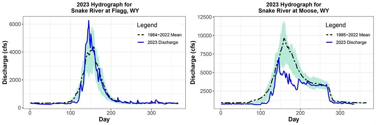 Two line graphs of water flow showing high early summer flows and lower baseflows in late summer and fall that were similar to historical averages at Flagg Ranch and below average discharge values through July at Moose.