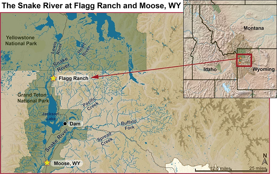 A map of the Snake River flowing through Grand Teton and Yellowstone National park with Moose, WY, marked south of Jackson lake and Flagg Ranch, WY, north of Jackson Lake.