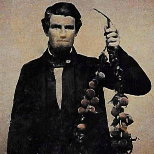 A black and white image of a man holding a branch full of apples.