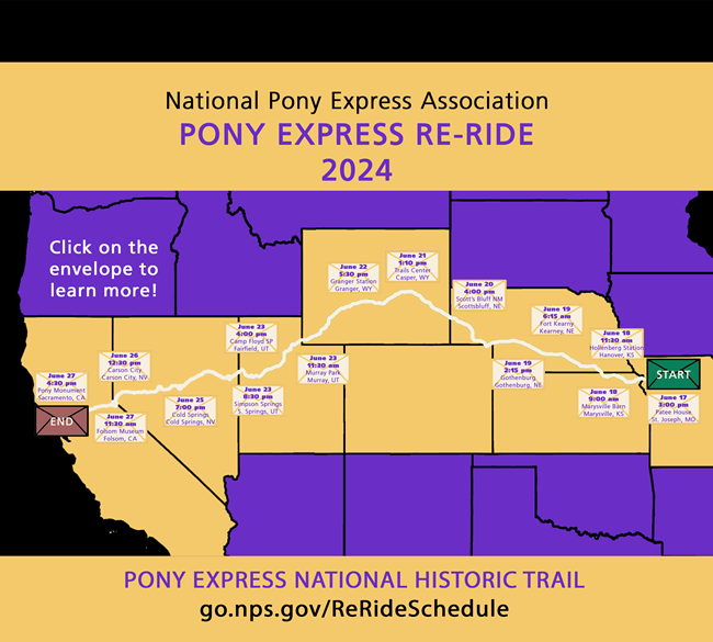 A map of the United States depicting a trail from Missouri to California. Envelopes at certain locations indicate special events.