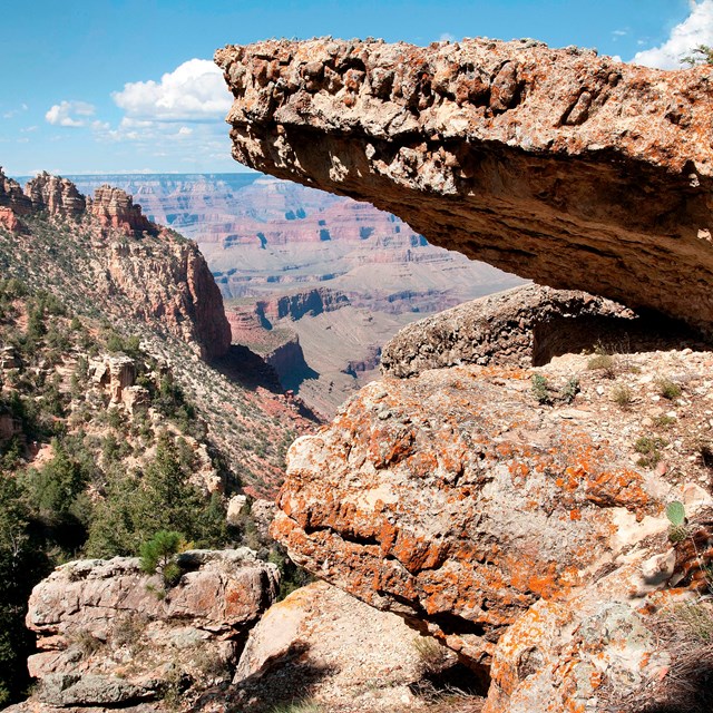 Layered rock with cliffs and canyons in the distance