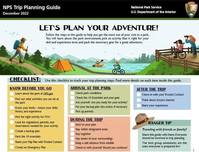 The first page of the National Park Service Trip Planning Guide, including the checklist.