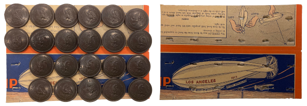 Button card full of NPS buttons beside the card without the buttons revealing a Zepplin toy design