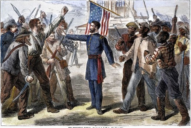 Colorized sketch from Harpers Weekly showing a soldier trying to keep the peace between fighting factions.