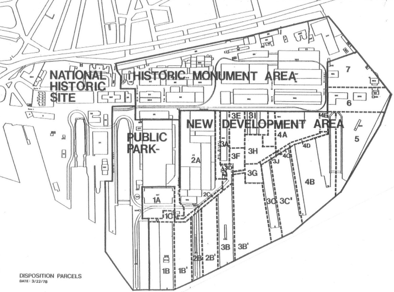 Map of Charlestown Navy Yard with four areas designated for different purposes: National Historic Site, Historic Monument Area, Public Park, New Development Area.
