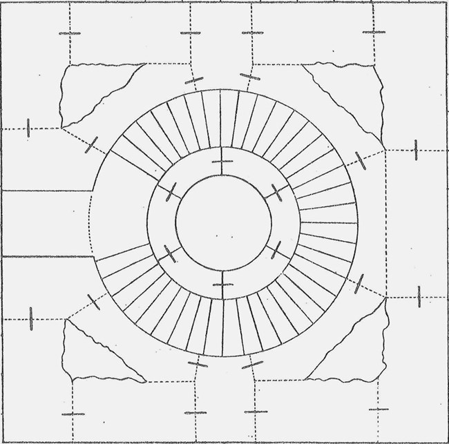 Willard's cross-section of the monument's first level, showing the blocks bound to the spiral staircase and its central core