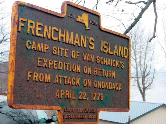 An old New York State historic marker for Frenchman's Island, where Van Schaick's expedition camped on its way back, April 22, 1779