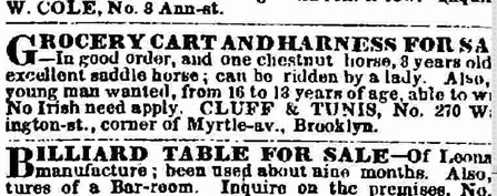 A newspaper advertisement in the New York Times which states “No Irish Need Apply”.
