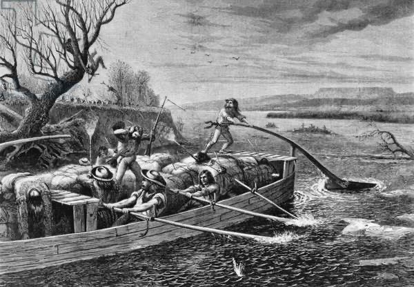 A black-and-white illustration of a small Mackinaw boat (a flat-bottomed boat with a pointed prow) moving to the viewer’s left. Several men are rowing the boat and a man standing at the stern managing the huge rudder. The boat appears to be filled with