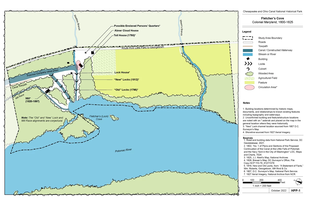 Color period plan showing the boundary of modern-day Fletcher’s Cove with major features from Colonial Maryland, 1600-1825. The Potomac River is shown at the bottom of the map with the road from Little Falls to Georgetown depicted at the top.