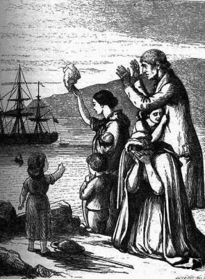 A black and white drawing of people standing on a shore and waving to a departing boat