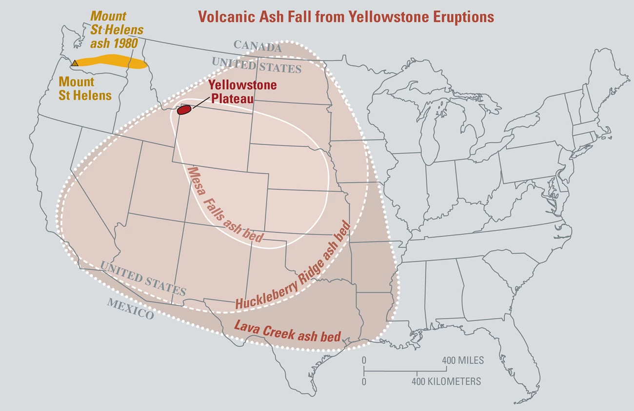 Map of the U.S. showing the distribution of 3 major ashfall events.