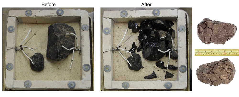 Comparison photos showing intact obsidian before experimental heat exposure and fractured obsidian after heat exposure.