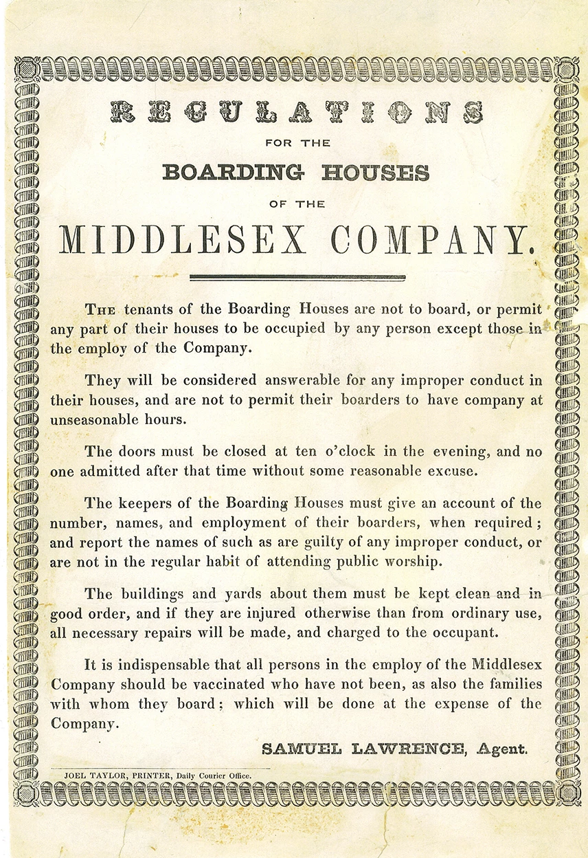 Middlesex Mills Boardinghouse Rules