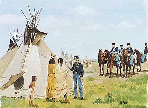 Painting showing soldiers meeting with Native Americans.