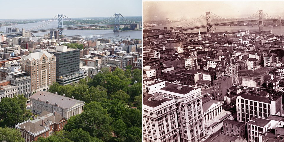 Two aerial photos (1950 and 2010) of tall buildings surrounded by trees with a bridge in the distance.