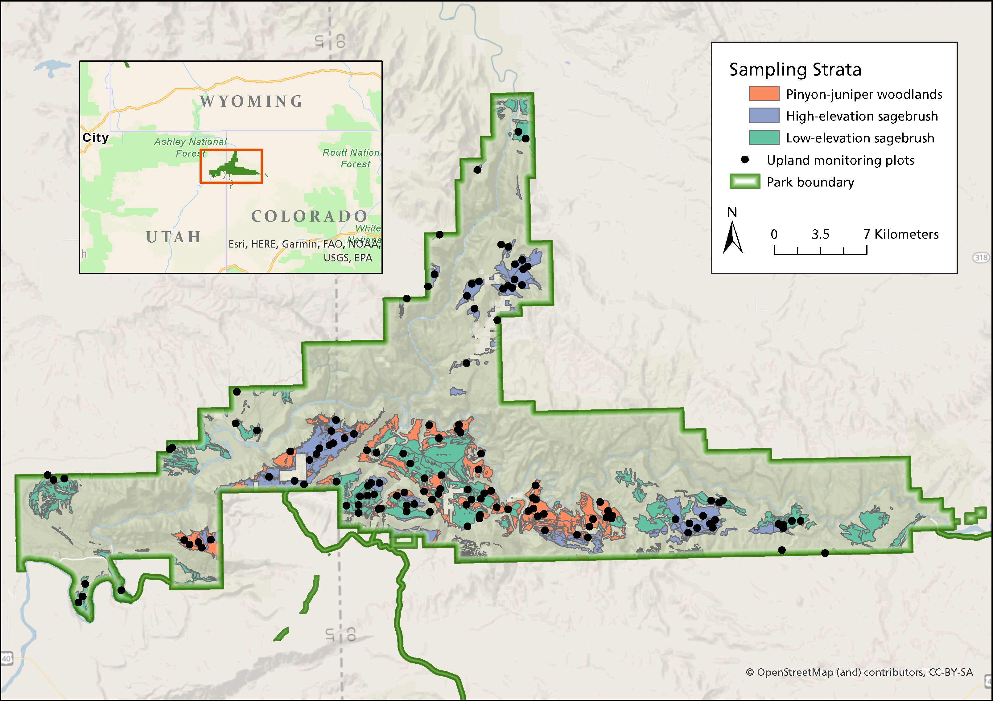 Monitoring plots and sampling strata shown on a map of Dinosaur National Monument. Sampling strata includes pinyon-juniper woodlands, and high-elevation and low-elevation sagebrush communities with plots indicated.