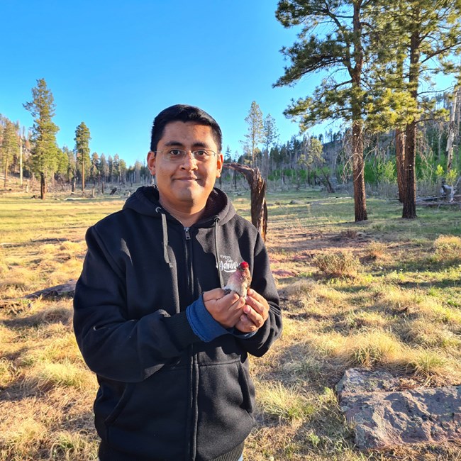 Erwin Lopez Osorio holding a Cassin's finch